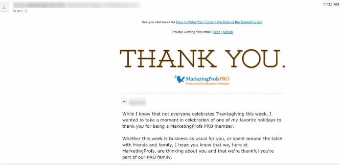 Content marketing ideas: Thanksgiving email